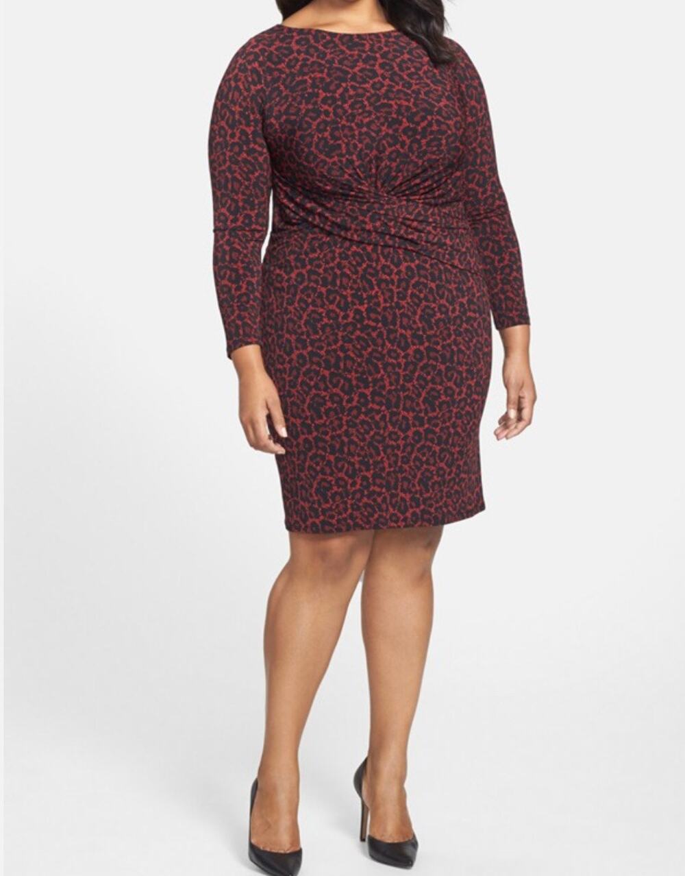 Michael Kors Plus Size 2X Red Black Animal Print Ruched Long Sleeve Dress